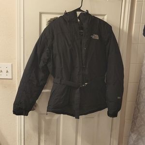 North Face black ski coat with belt and fur hoodie.